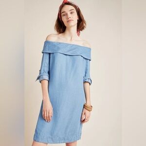 Anthropologie Pilcro Letterpress Off-The-Shoulder Chambray Blue Mini Dress Sz 6